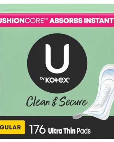 U by Kotex Clean & Secure Ultra Thin Pads, Regular Absorbency, 176 Count (4 Packs of 44) (Packaging May Vary)