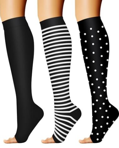 CHARMKING 3 Pairs Open Toe Compression Socks for Women & Men Circulation 15-20 mmHg is Best for All Day Wear Running Nurse (10 Black/Black/Stripes, L/XL)