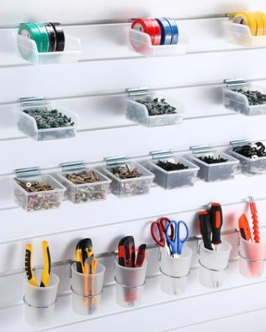 GlikCeil 18 Pcs Slatwall Bins Cups with Hook Loops Slatwall Wall Organizer Accessories Cups Set Slat Tool Holder for Garage Craft Workshop Office Storage(Clear)