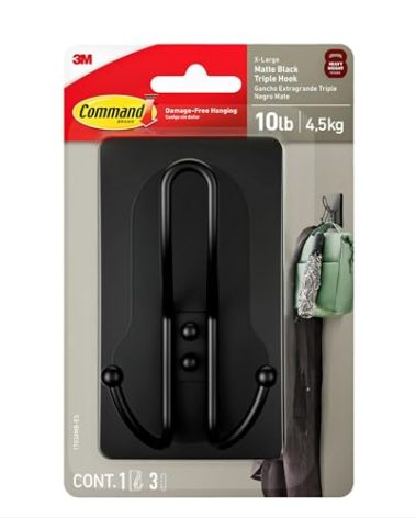 Command X-Large Matte Black Triple Hook, 1 Hook, 3 Strips, Damage-Free Hanging Wall Hooks with Adhesive Strips, No Tools Wall Hooks for Hanging Decorations in Living Spaces