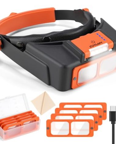 Headband Magnifier with Light, Rechargeable Magnifying Glasses for Close Work, 1.5X - 3.5X Magnify Headset with 4 Lenses, Jewelers Magnifying Glass Loupe Visor for Reading,Crafts, Hobby