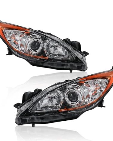KUIPERAUTO Headlights Assembly Replacement Compatible with 2010-2013 Mazda 3 Halogen with Clear Lens Chrome Housing Amber Reflector Front Lamps Driver and Passenger Side #MA2518130, MA2519130
