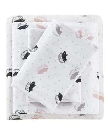 Intelligent Design Cozy Soft 100% Cotton Flannel Print Animals Stars Cute Warm, Ultra Soft Cold Weather Sheet Set Bedding, Twin XL, Pink/Grey Hedgehogs 3 Piece