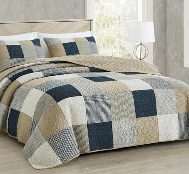 Chezmoi Collection Samuel 3-Piece Navy Blue White Gray Taupe Plaid Square Patchwork Quilt Set - Pre-Washed Cotton Quilted Lightweight Reversible Bedspread for All Seasons, Oversized King Size