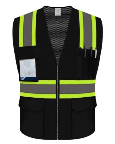 Uno Mejor Black High Visibility Vest for Men Women, Reflective Safety With Pockets, Hi Vis Work With Zipper, for Contractors/Surveyors, ANSI Compliant, (UB-Black, 5XL)