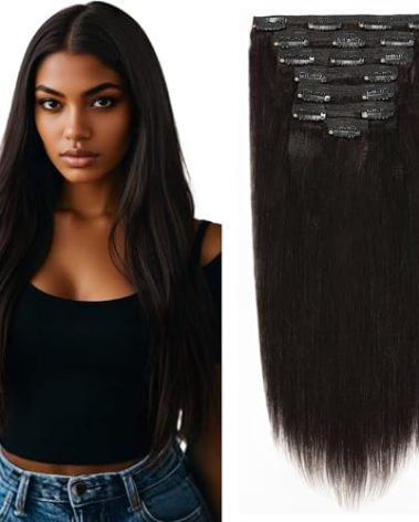 Lacer Light Yaki Clip in Hair Extensions, 16 inch Remy Human Hair Natural Black Thick Yaki Straight Clip ins for African American Woman Relaxed Hair 7 Pieces 120 Gram Per Set