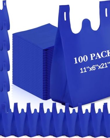 Windyun Large Grocery T-shirt Bags Bulk Reusable Non Woven Shopping Bag Foldable Gift Tote with Handle, 21x11x6 Inch(100 Pcs,Navy Blue)