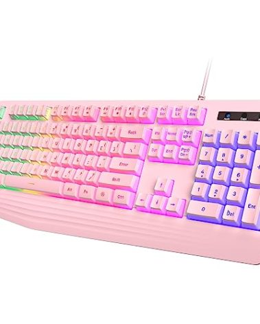 yesbeaut Pink Creamy Keyboard, Rainbow LED Backlit, 104 Keys Silent Light Up Gaming Keyboard with Wrist Rest, PBT Keycap, Anti-ghosting, Waterproof USB Wired Computer Keyboard for PC Mac Xbox