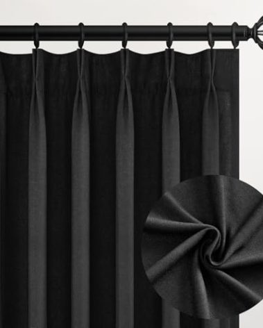 Topfinel 96 Inches Long Pleated Sheer Curtains,Black Linen Blended Light Filtering Window Curtains 96 Length 2 Panels for Living Room Bedroom Pinch Pleat Drapes with Hooks 2 Panels 40" Wx96 L