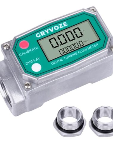 GRYVOZE 1 Inch Digital Fuel Flow Meter, 2.6-26 GPM Inline NPT Turbine Flowmeter with 3/4 in Adapters for Water, Diesel, Gas Oil, Gasoline, and Other Liquids - Supports Gallon, QTS, PTS, L, m³