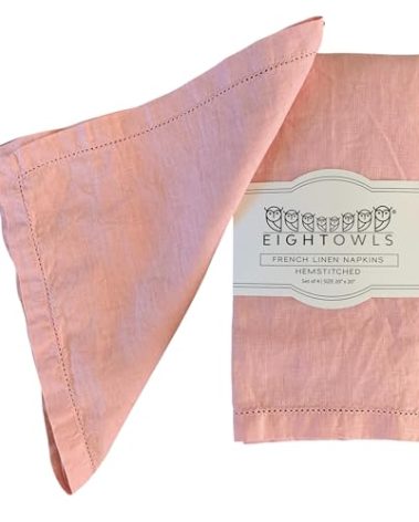 Hemstitched Linen Napkins – 20 Inch x 20 Inch – Stonewashed Pure Linen Cloth Dinner Napkins with Mitered Corners - 100% French Flax – Machine Washable - Set of 4 (Blush Pink)