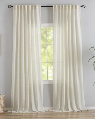 Natural Linen 144 Inch Length Curtains for Tall Floor Ceiling Villa Living Room -Cream Ivory Bak Tab Hooks Pleated Easy Open Sliding Semi Sheer 144 inch Extra Long 2 Story Window Curtains,12 Foot