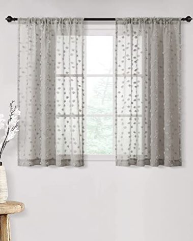 MYSKY HOME Pom Pom Grey Sheer Curtains for Bedroom Girls Room Curtains 63 inch Length for Nursery Kids Light Filtering Boho Window Drapes, Rod Pocket, 52" Wide, 2 Panels