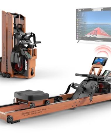JOROTO Water Rowing Machine for Home Use, Oak Wood Foldable Rower Machine 330lbs Weight Capacity with Bluetooth Monitor, Tablet Holder