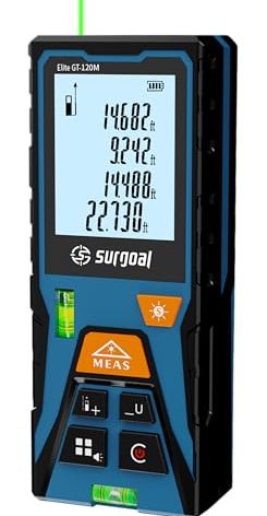 Green Laser Distance Meter 393.7ft Digital Measuring Tool with Angle Sensor Backlit LCD Area/Volume/Pythagorean ±2mm Class II Handheld Laser Measurer for Construction & DIY AAA Battery Powered