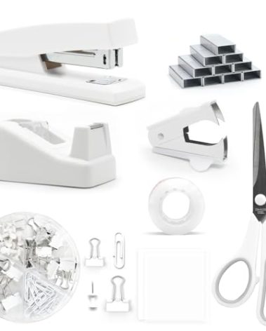 UPIHO White Desk Accessories, White Office Supplies with Stapler and Tape Dispenser Set, Gifts for Office Clerks,Student