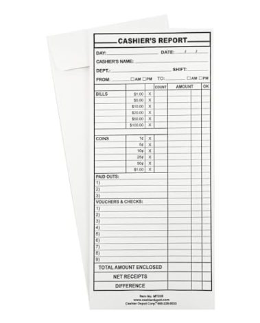 500 Cashier Depot - Cashier’s Report Envelopes MT235 – 4 1/2" x 10 3/8", White 24lb Paper, Cash Deposit Report, Money Envelopes for Retail, Restaurants, Hotels, Small Business (500 Envelopes)