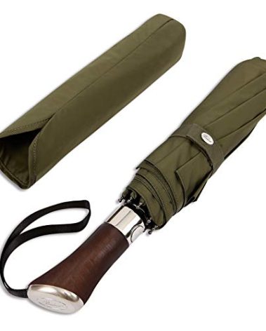 Balios (Designed in UK) Travel Umbrella Luxurious Golden Hardwood Handle Auto Open & Close Windproof Frame Single Canopy Automatic Folding Umbrella Men's & Ladies (Olive Green)