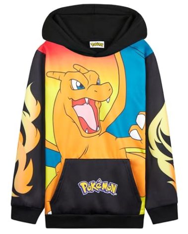Pokemon Hoodie for Boys & Teens Hooded Sweatshirt Warm Anime Pikachu Sweater (Black/Orange Charizard, 7-8 Years)
