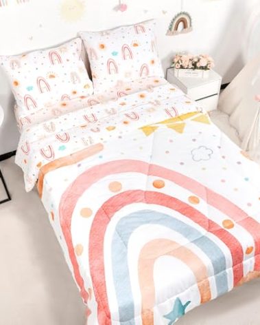 CARUILI Twin Size Toddler Bedding Set for Girls- 5 Piece Rainbow Toddler Girl Bedding, Super Soft & Lightweight Toddler Comforter Set Includes Comforter, Flat Sheet, Fitted Sheet, Pillowcase (Pink)