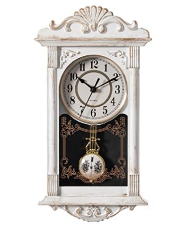 Clockswise Vintage Grandfather-Style Wall Clock with Wood-Effect Plastic Pendulum Battery-Operated for Home Decor Living Room Home Office Kitchen or Dining Room (White, 16 Inch)