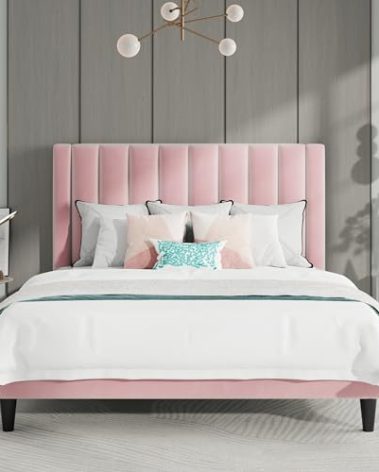 SHA CERLIN Full Bed Frame/Velvet Upholstered Platform Bed Frame with Headboard/Strong Wood Slats Support/Mattress Foundation/No Box Spring Needed - Pink
