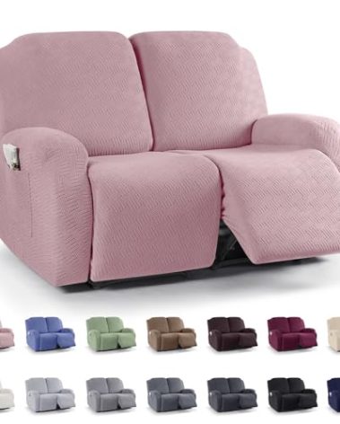KinCam Recliner Covers, Stretch Reclining Chair Covers, Recliner Sofa Slipcovers Stripe Jacquard Recliner Couch Covers Furniture Protector Covers for Pet Kid (2 Seater, Pink)