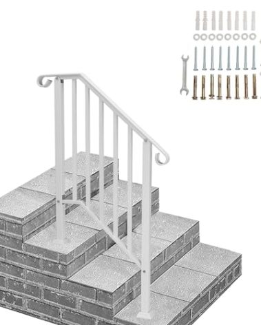 Outvita Handrails for Outdoor Steps, Wrought Iron Handrail Fits 2 or 3 Steps, Transitional Handrail with Installation Kit, Stair Railing for Concrete Steps or Wooden Stairs(White)