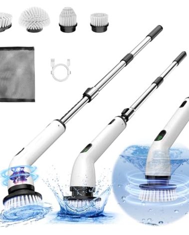 TUYU Electric Spin Scrubber, Full-Body IPX7 Waterproof Bathroom Scrubber,4 Replacement Head for Adjustable Extension Handle Electric Cleaning Brush for Bathroom, Tub, Tile