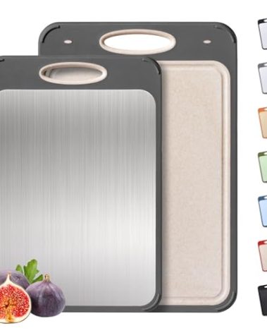 2 Packs Stainless Steel Cutting Board Set, Best Non Toxic Cutting Boards for Kitchen, Double Sided Metal Chopping Board for Meat/Fruit/Vegetables, Food Grade Kitchen Set Gift, [16”×11”+18”×12” Inch]