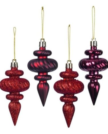 Vickerman 4" 4-Finish Finial Christmas Ornaments in Burgundy Red (Set of 8)