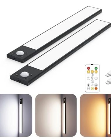 12" Ultra-Thin Under Cabinet Lighting Wireless, Aluminum Alloy Under Counter Lights for Kitchen, 3-Color-Temps Magnetic Closet Lights, Rechargeable Motion Sensor Light Indoor (2 Pack, Black)