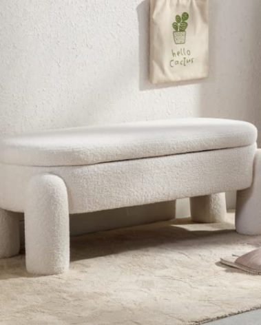 Ya-Home Modern Storage Bench, 44.7 Inch Upholstered Ottoman Bench Sherpa Fabric End of Bed Stool, Cute Entryway Bench for Bedroom Living Room Entryway, White