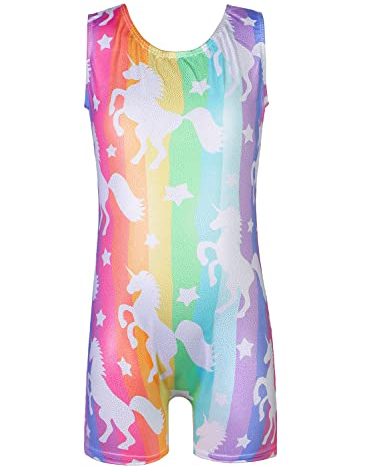 EQSJIU Kids Leotards Gymnastics Biketards Outfits Unicorn Rainbow Stripe Stars Shiny Sparkles Leotards for Little Girls 6-7 Years Dance Class Practice