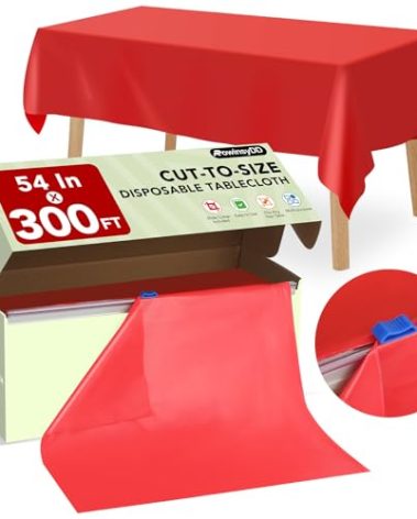 54 in X 300 FT Red Plastic Table Cover Roll with Slide Cutter, Cuts Up to 36 Rectangle 8 Feet Disposable Plastic Table Cloths, Disposable Table Cover Roll for Dinning, Parties, BBQ, Wedding, Outdoor