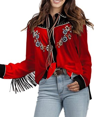 JOHN MOON Women's Embroidered Western Long Sleeve Buttons Down Shirts Fringed Retro Cowgirl Blouses Shirts Red