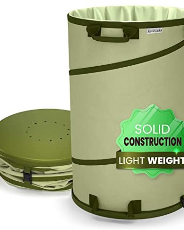 Collapsible -30 Gallon Canvas Garden Waste Bag -Pop-up Bucket Reusable Yard Leaf Bag Holder- Heavy Duty Hardshell Bottom – with Drain Holes for Lawn Pool Garden Camping Trash Debris Bag with Handles