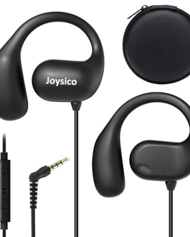 Joyico Wired Open Ear Headphones with Microphone, Volume Control, Wrap Around Ear Hook & Case, Over Ear Earbuds for Sport Running, On Ear Out of Ear Earphones Comfortable for Sensitive & Small Ears