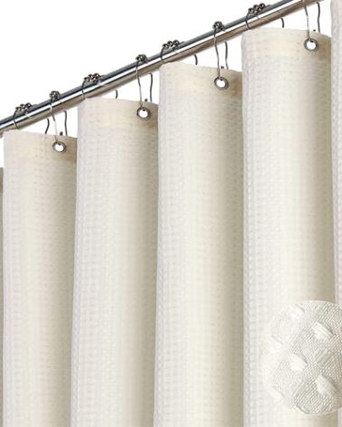Dynamene Stall Fabric Shower Curtain， 54x78 inch Long Waffle Weave Weighted Thick Cloth Shower Curtains for Bathroom,Neutral Heavy Duty Hotel Spa Luxury Bath Curtain Set with 10 Plastic Hooks,Ivory