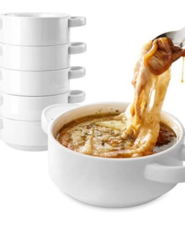 Modern Innovations 20 oz French Onion Soup Bowls with Handles in White (Set of 6) Oven and Microwave Safe Bowl, Stoneware Stackable, Large Ceramic Crocks, 2 Handle Crock
