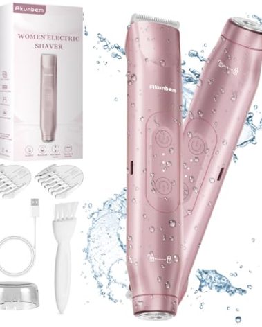 Akunbem Bikini Trimmer for Women - 2 in 1 Electric Razors for Women - Dual Head Electric Shaver - IPX7 Waterproof Wet & Dry Use Body Hair Trimmer and Facial Hair Remover for Bikini Underarm Leg Arm