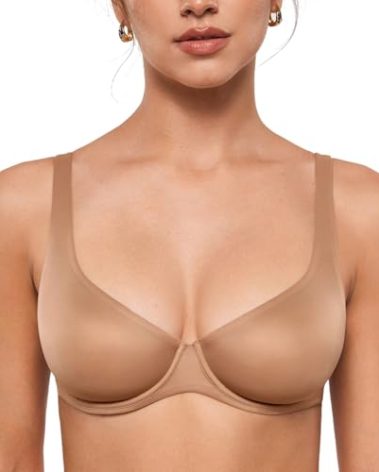 INLYRIC Women's Mesh Balconette Bra Sexy Demi Supportive Comfortable Seamless Underwire Unlined Sheer Bras Gravel Beige - Sheer 34D