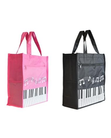 Farcaya Piano Keys Handbag Music Tote Bag Nylon Waterproof Storing Sheet Books for Teacher Gifts (Black+Pink)