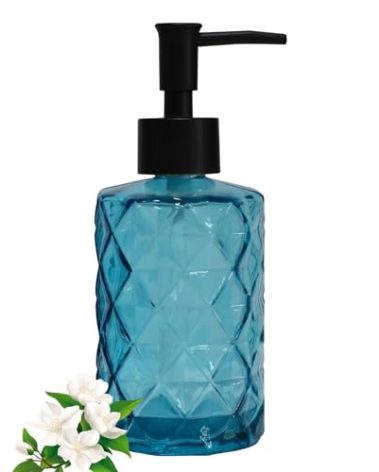12Oz Small Glass Soap Dispenser with Black Plastic Pump, Blue Refillable Kitchen Countertop Liquid Hand Soap Dispensers with Diamond Design, Crystal Bathroom Lotion Bottle for Dispense Dish Soap