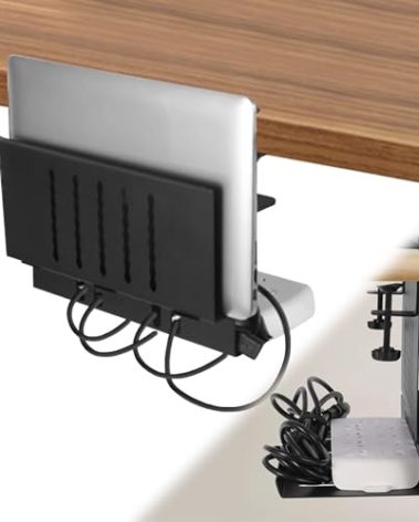 LUKETURE Desk Side Storage, Laptop Holder with Cable Management Tray, 2 in 1 Steel Under Desk Laptop Mount, Table Organization, Space Saving Table Accessories for Office and Home (Black)