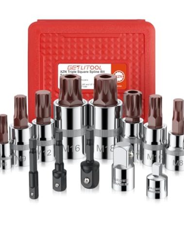 GETLITOOL XZN Triple Square Spline Bit Socket Set M4-M18, S2 Alloy Steel Square Spline Set, 15 Piece XZN Bit with Socket Adapter for Car, Truck Repair, 1/4", 3/8" and 1/2" Drive