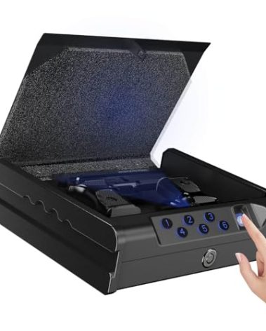 Biometric Handgun Safe with Fingerprint, Digital PIN and Key Access, 2 Gun Capacity,Hand Gun lock box for Car Cloakroom living room Bedroom and Nightstand,USB Power Backup.