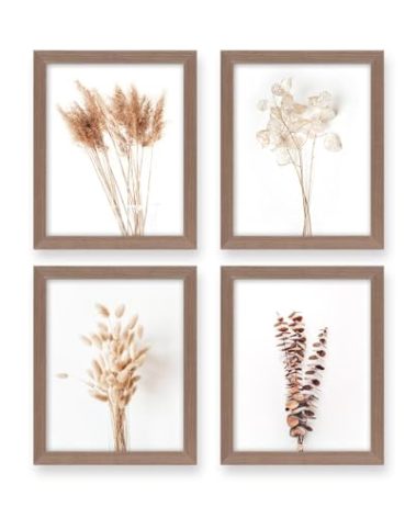heilkee Boho Wall Art Pampas Grass Decor Fall Farmhouse Decorations Botanical Prints Beige Room Aesthetic Neutral Bathroom Kitchen Bedroom Set of 4(Brown Framed, 8x10in)