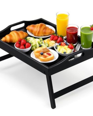 Bamboo Breakfast Tray Table with Folding Legs for Bed Table Sofa - Eating & Laptop Tray Bamboo with Folding Legs (Black)