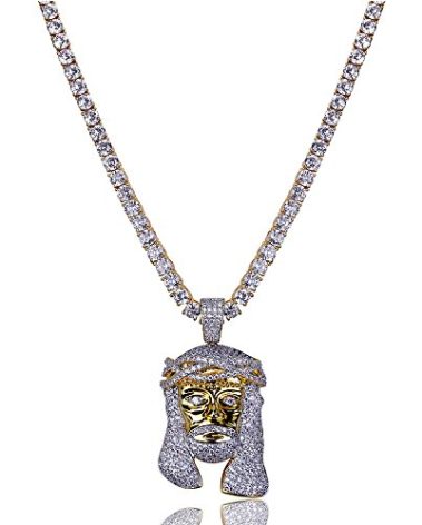 TOPGRILLZ 14K Gold Plated Iced Out CZ Simulated Diamond Big Stones Crown Jesus Piece for Men Pendant Necklace with Stainless Steel Chain Hip Hop (Gold with 24" CZ Link)